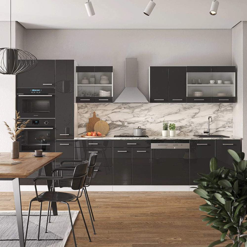 Mobile da cucina R-Line Antracite lucido/Bianco 350 cm con armadio alto, PL Antracite Vicco