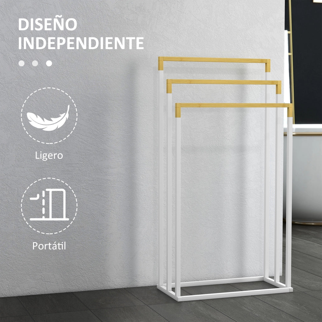 Scala Porta Asciugamani 3 Barre in Bamb¨´ e Acciaio per Bagno ¨C Minimal ¨C 45x22,5x86 cm Bianco e Naturale