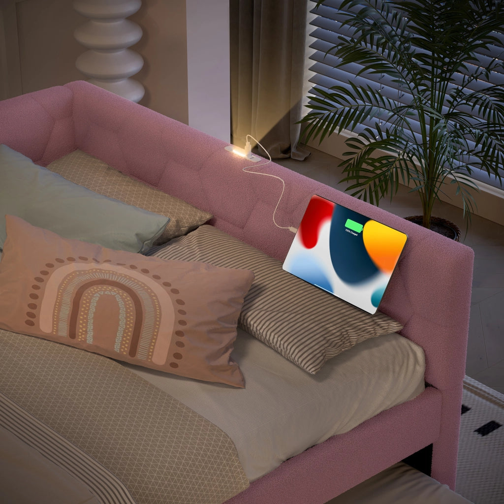 DESMIU Divano letto con letto estraibile 140 × 200 cm 1 posto con lampada, USB, Type-C, senza materasso, rosa