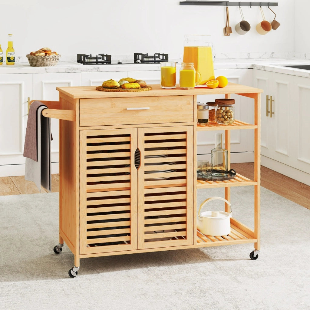 Carrello da cucina 90 cm per sala da pranzo e soggiorno, Barra per asciugamani e armadio con 2 porte Naturale-Carrelli