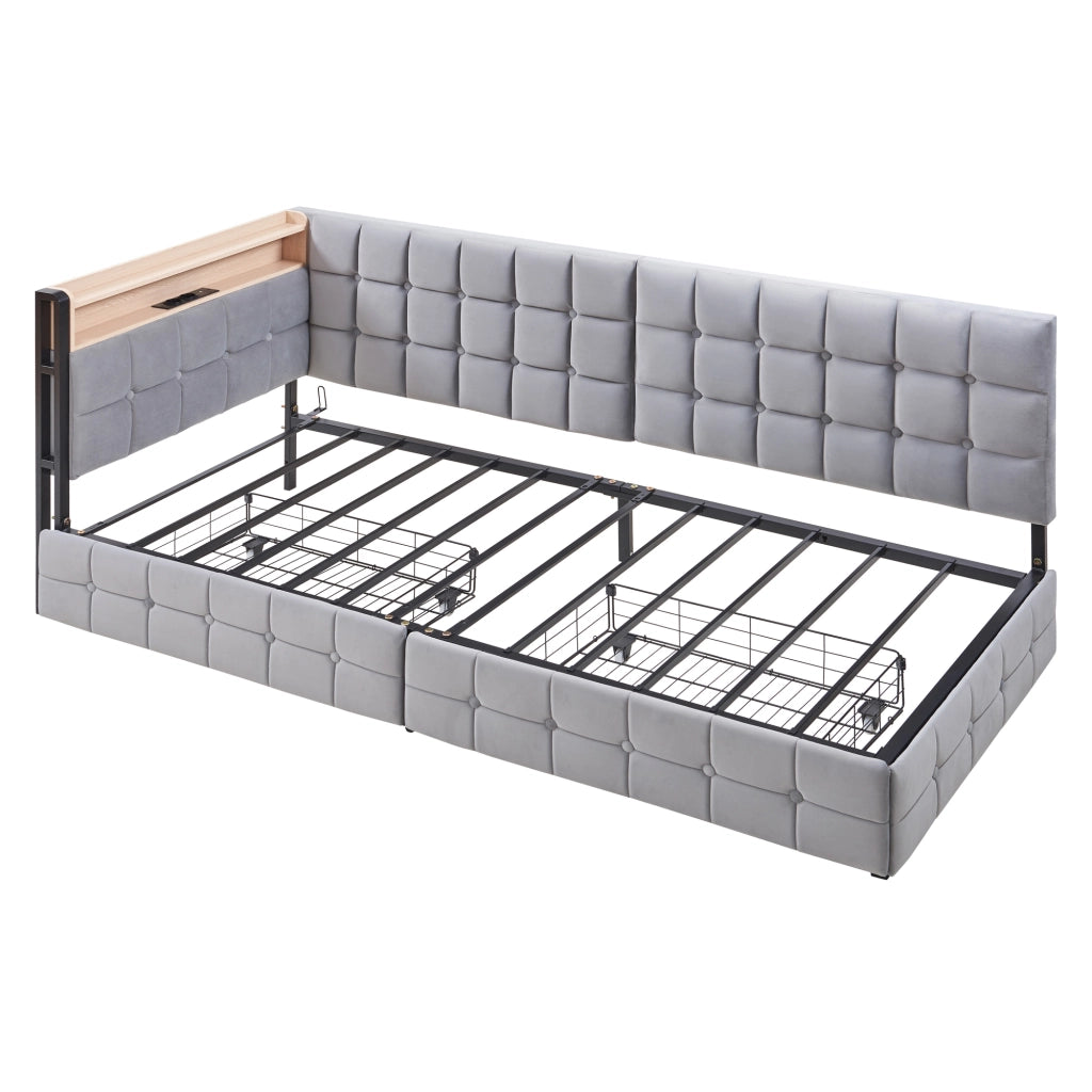 Divano letto imbottito 90x200 cm con 2 cassetti, LED integrato, porte USB e Type-C, struttura in metallo, grigio