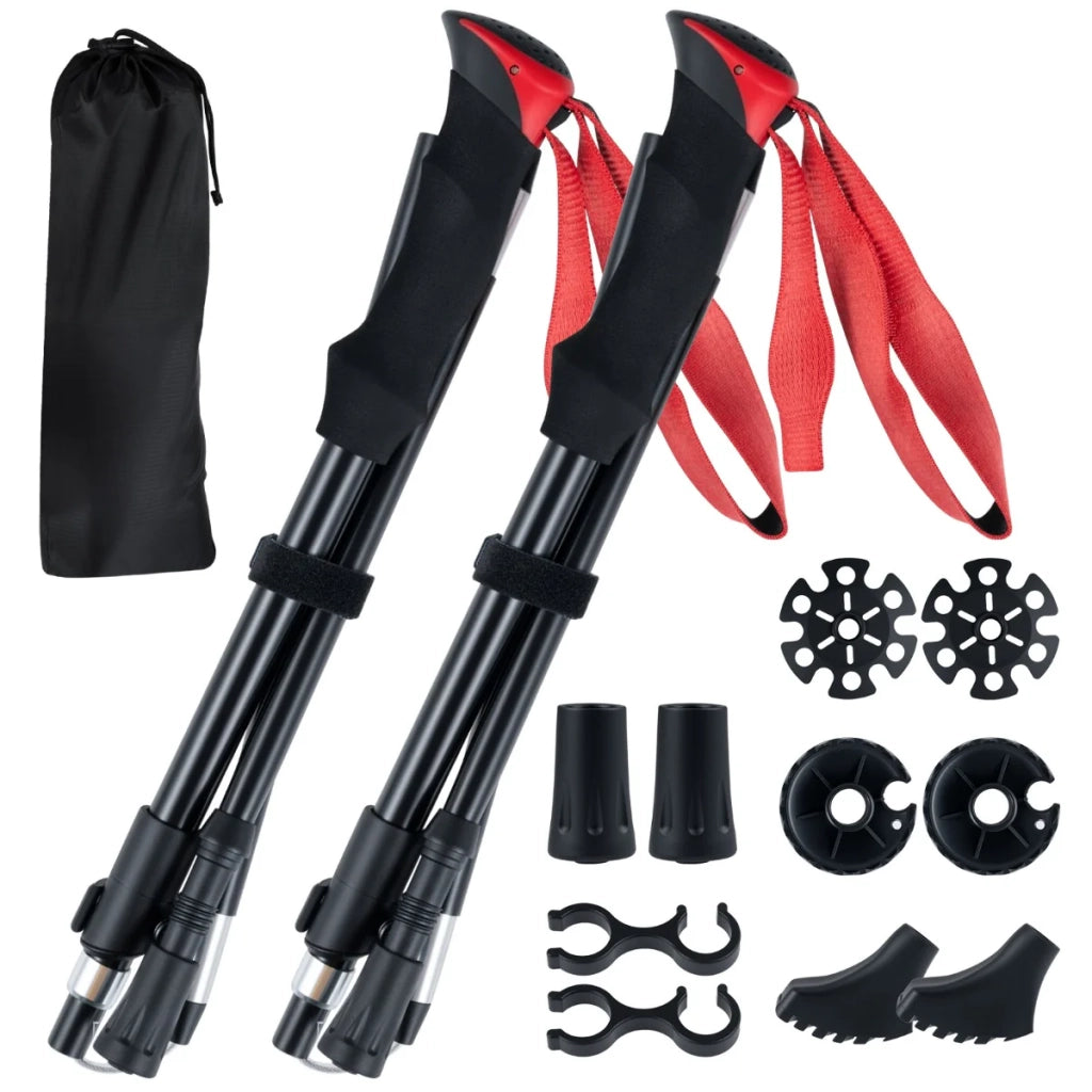 Set di 2 bastoncini da trekking pieghevoli leggeri da 115-130 cm con regolazione rapida design ergonomico alluminio rosso 20_0016096