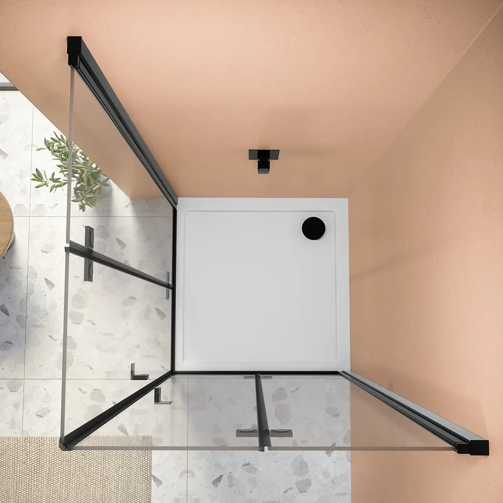 Box doccia angolare 100x90cm doppia anta a libro profili nero opaco e vetro da 8mm trasparente h195 | Fiji