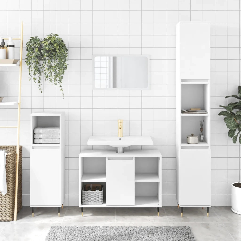 Set Mobili da Bagno | Armadio da bagno 3 pz Bianco in Legno Multistrato