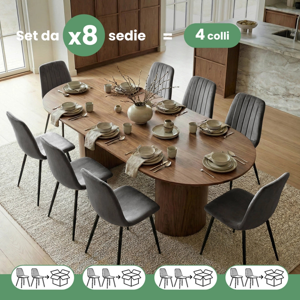 Set di 8 Sedie in velluto trapuntate LUMO Grafite Scuro gambe nere