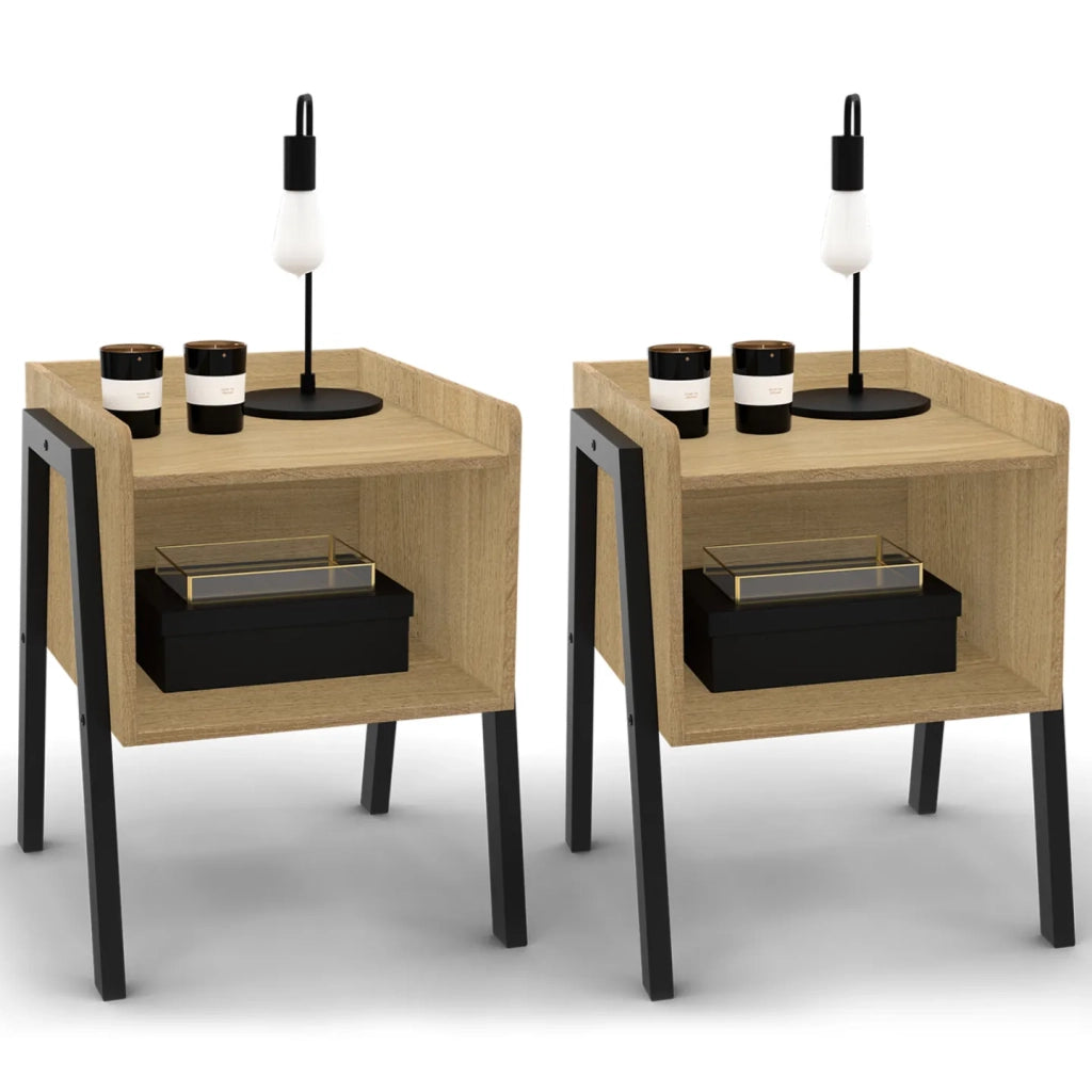 IDMarket - Juego de 2 mesitas de noche de madera NEW 1 nicho con patas de metal negro