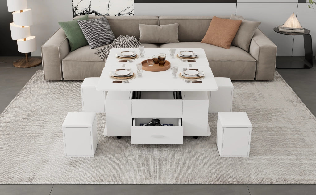 TAVOLO da caffè sollevabile 100 x 50 cm bianco con 4 sgabelli