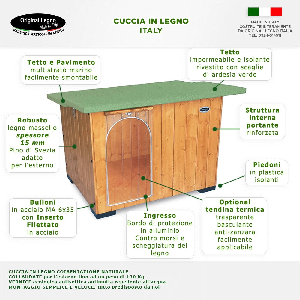 CUCCIA IN LEGNO PER CANI DA ESTERNO MODELLO ITALY CON DAVANZALE D-PASTORE CON "TENDINA OMAGGIO" L.102. xP.135 x H.78