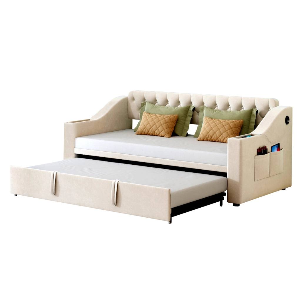 Divano letto imbottito 90x190 cm trasformabile in 180x190 cm; velluto beige con USB