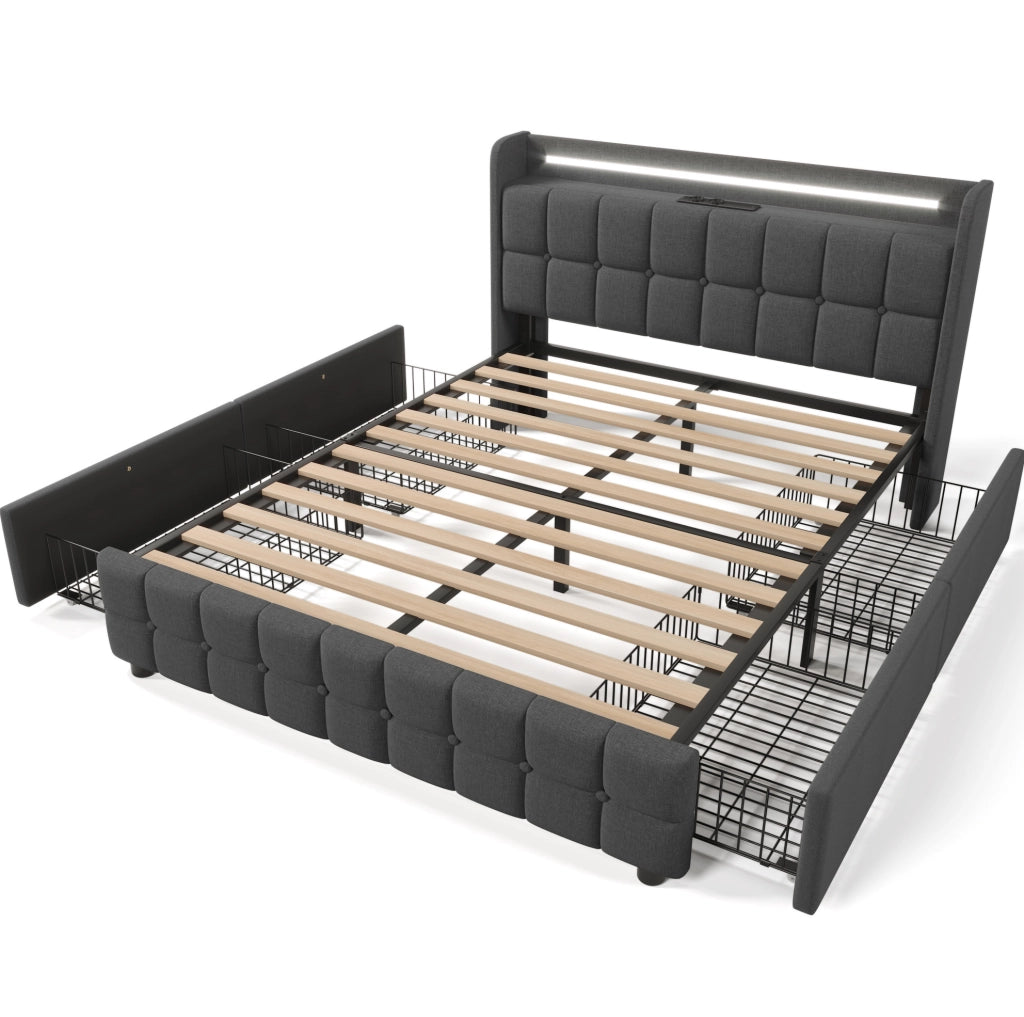 Letto matrimoniale 180x200 cm con LED; prese USB e 4 cassetti; legno grigio