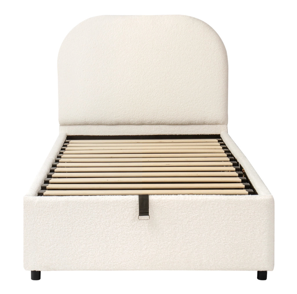 Letto imbottito con contenitore idraulico e rete a doghe inclusa in bouclé beige
