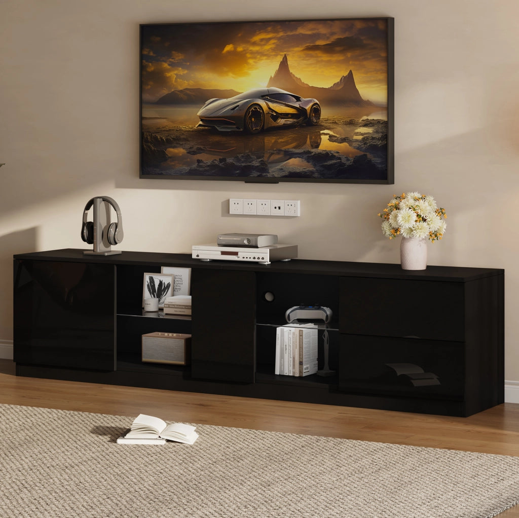 Mobile TV basso nero 160 cm con LED, 2 cassetti e vano con vetro temperato