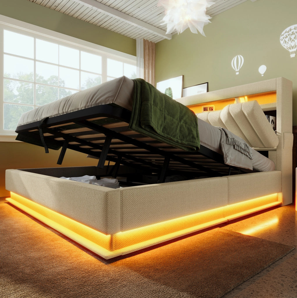 Letto contenitore 160x200 cm beige con LED, USB e Type-C