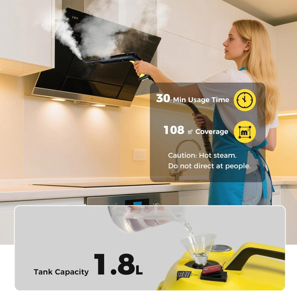 Potente Pulitore a Vapore 2000W, 14 Accessori, Pressione Massima 5 Bar, Temperatura 160℃, Riscaldamento Rapido 8 Minuti, Serbatoio 1,8L, per Pavimenti, Divani, Cucina, Superficie 108 m² (Giallo)