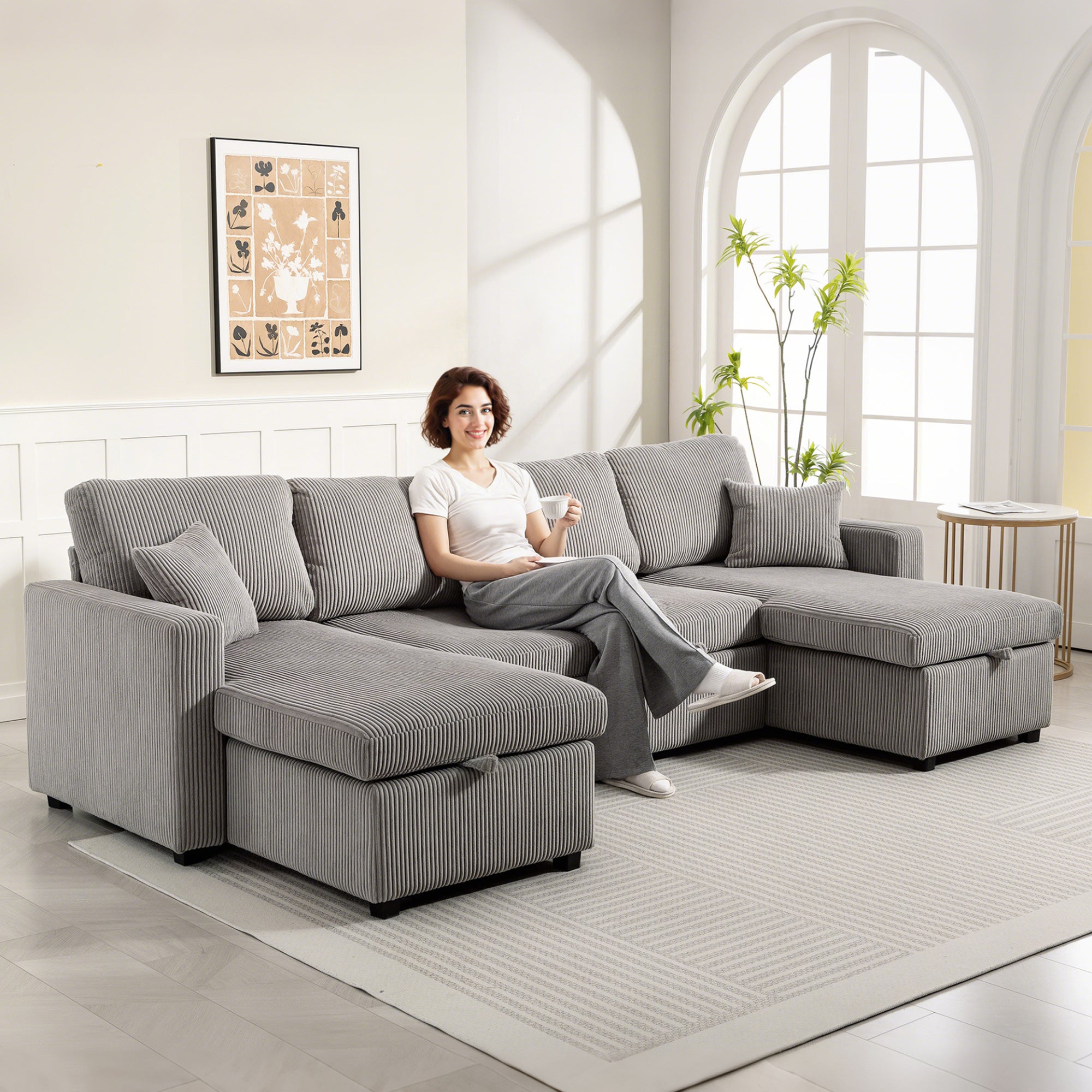 Divano Letto Moderno a U 282x140x86 cm con 2 Chaise Longue e Vani Contenitore Velluto a Coste Grigio