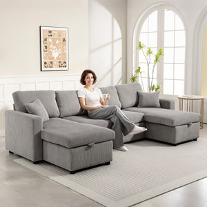 Divano Letto Moderno a U 282x140x86 cm con 2 Chaise Longue e Vani Contenitore Velluto a Coste Grigio