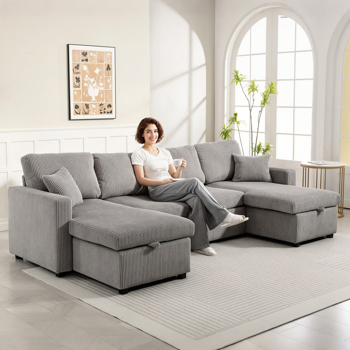 Divano Letto Moderno a U 282x140x86 cm con 2 Chaise Longue e Vani Contenitore Velluto a Coste Grigio