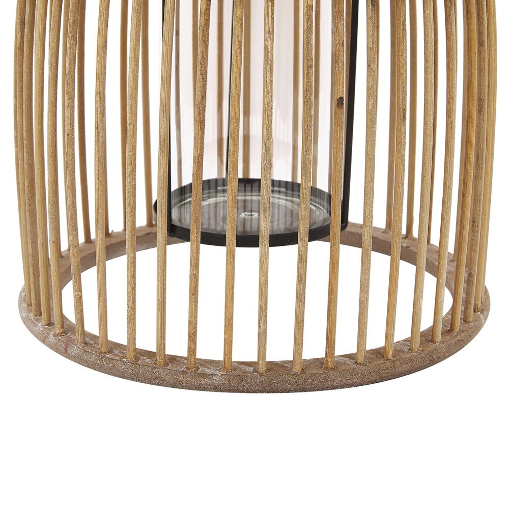 Lanterna in legno di bambù beige 32 cm con supporto in vetro stile boho per interni ed esterni