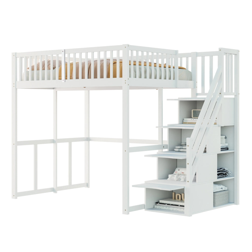Letto a soppalco 140x200 cm con scala contenitore e sponda di sicurezza; in legno di pino bianco