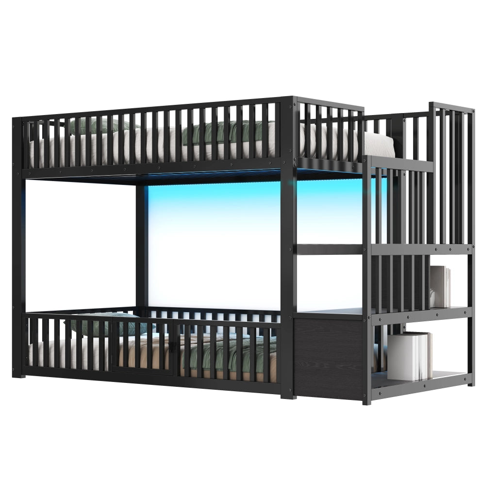 Letto a castello 90x200 cm con scala contenitore e LED, Nero
