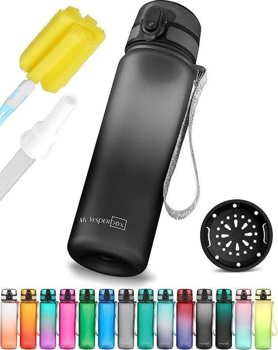 Bottiglia da bebida per bambini senza lattosio con beccuccio o filtro - 350ml, 500ml, 750ml - bottiglia leggera in Tritan BPA-free per asilo, scuola (Nero-grigio 500ml)