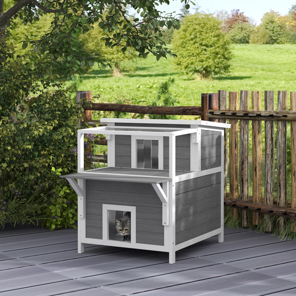 Casetta per Gatti 2 Livelli con Balcone e Tetto Aprile ¨C Zephmum ¨C Grigio Chiaro