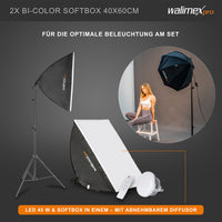 Set premium per studio fotografico incl. 2x treppiede lampada, 2x softbox LED 45 W bicolore e sfondo, potente illuminazione video per interno