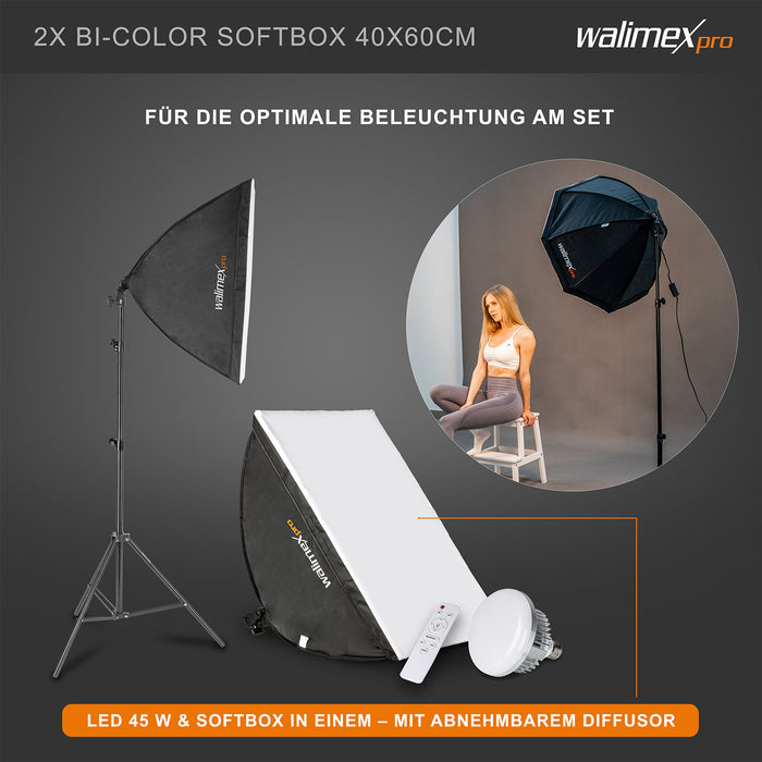 Set premium per studio fotografico incl. 2x treppiede lampada, 2x softbox LED 45 W bicolore e sfondo, potente illuminazione video per interno