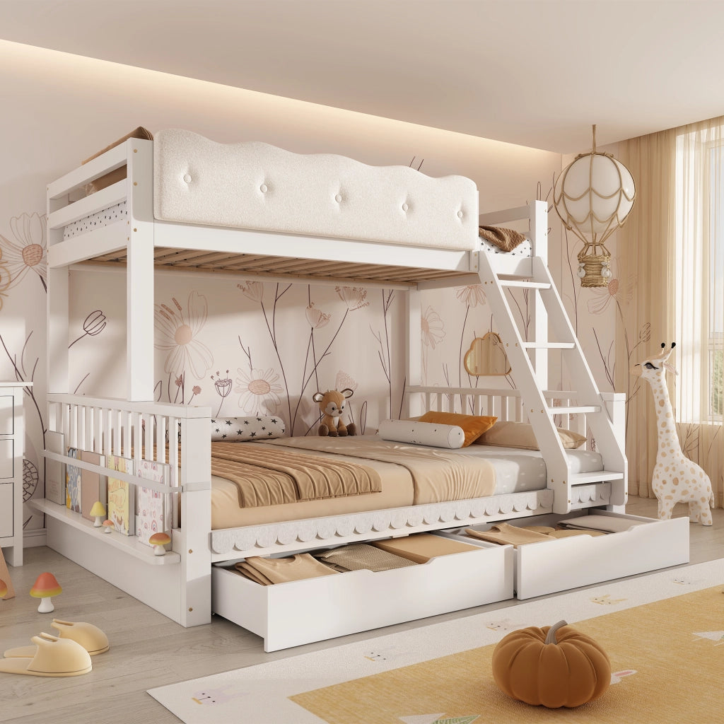 LETTO a castello 90x200/140x200 cm in legno bianco con cassetti e portariviste