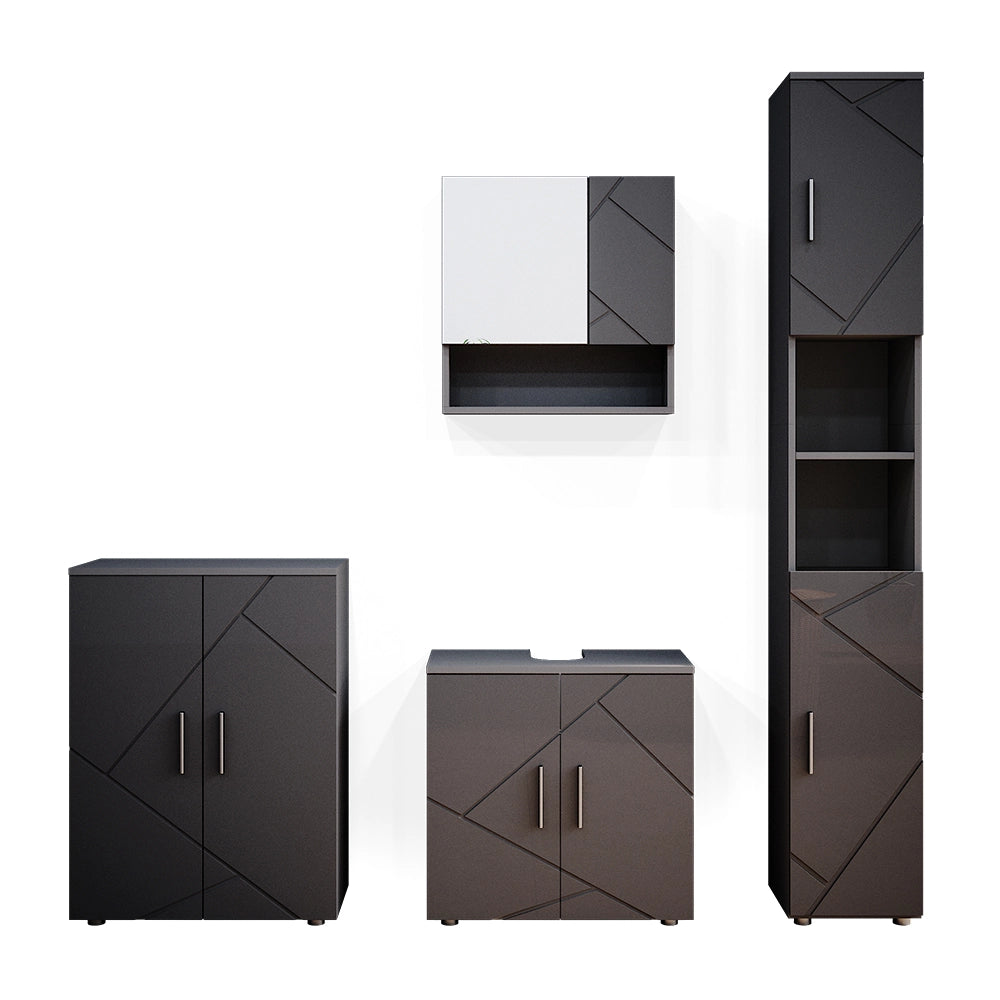 Vicco Set mobili bagno Antracite lucido 4 parti, con armadio alto e cassettiera