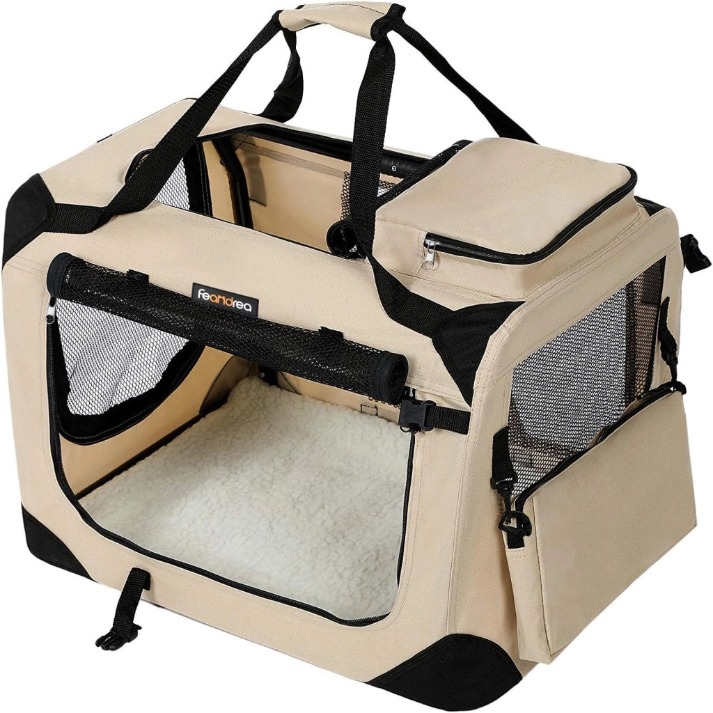 Feandrea PDC060G02 - Contenitore pieghevole per cani, M, in tessuto Oxford, con rete, traspirante, portatile, telaio in metallo, con manici, tasche, 60 x 42 x 42 cm, grigio fumo
