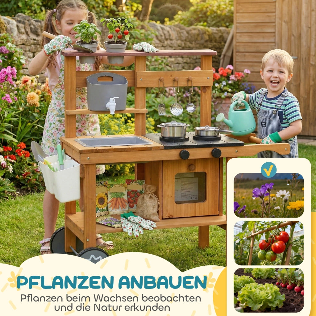 Cucina Giocattolo Esterna per Bambini ¨C zephmum ¨C Legno, Marrone con Rubinetto e Ruote