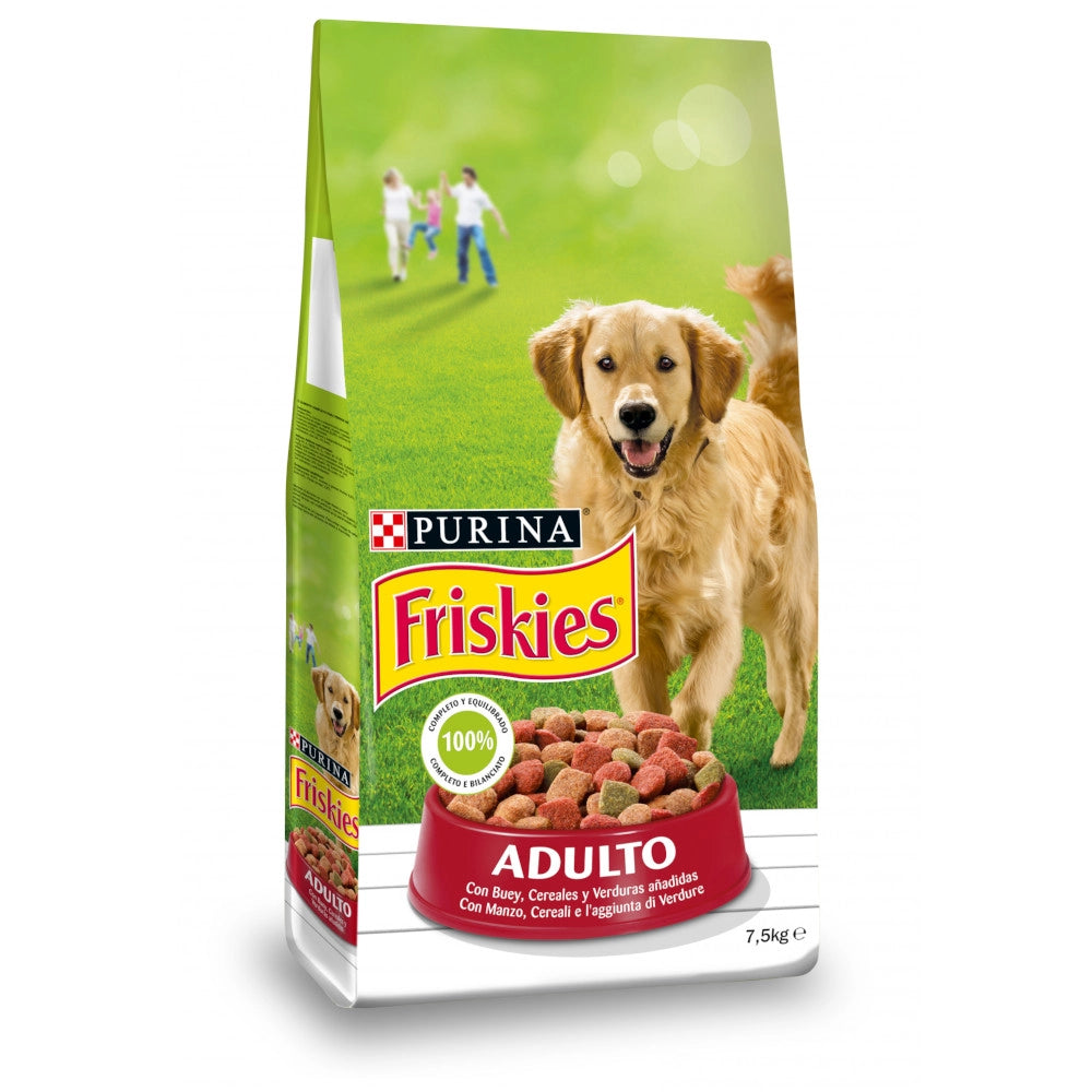 Multipack da 5 pz di purina friskies crocchette con manzo e aggiunta di verdure per cani adulti 7,5 kg cad