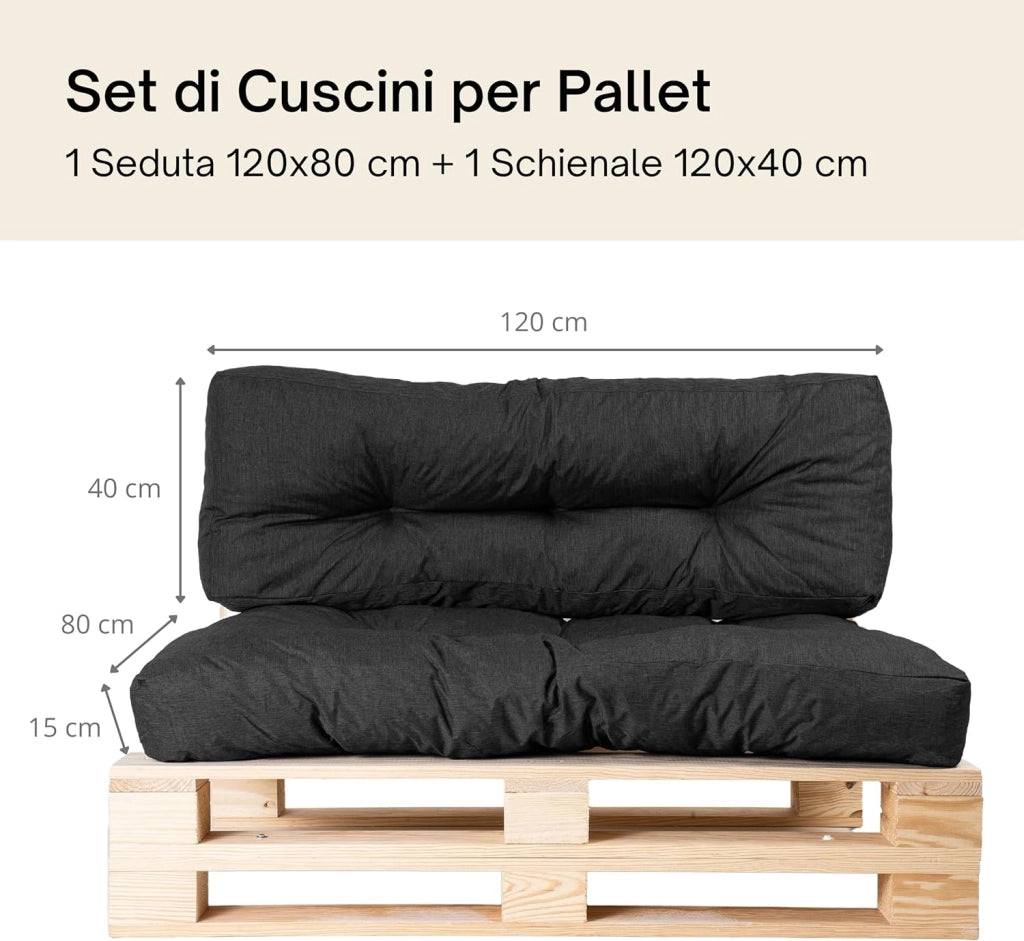 Cuscini per Pallet - Tessuto Idrorepellente e Anti-UV - Molto Confortevole, Imbottito in Schiuma - Cuscini per Divano Esterno Giardino (Seduta 120x80 cm + Schienale 120x40 cm, Nero)