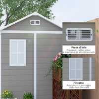 Casetta Box da Giardino 180x180 cm con Pavimento 2 Porte con Blocco e Finestra in Resina Grigio