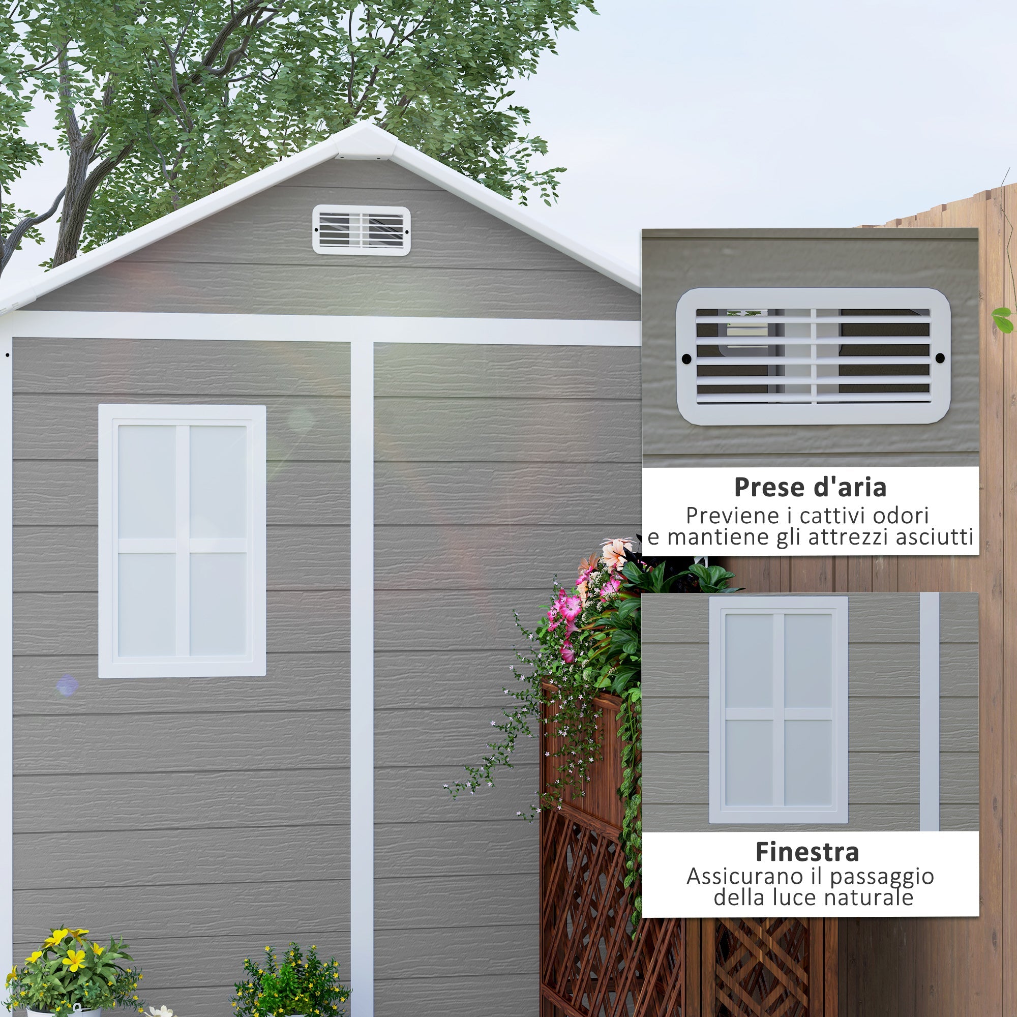 Casetta Box da Giardino 180x180 cm con Pavimento 2 Porte con Blocco e Finestra in Resina Grigio
