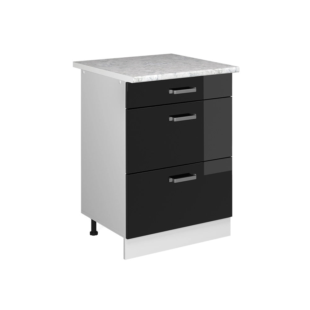 Mobiletto base per cucina R-Line Nero lucido/Bianco 60 cm con cassetti PL Marmo Vicco
