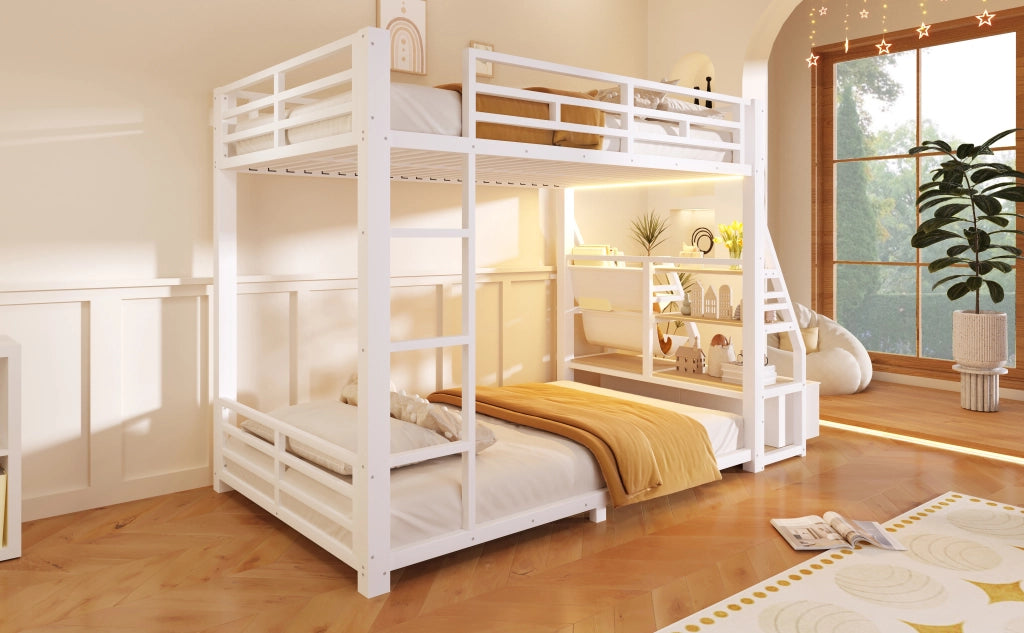 DESMIU Letto a castello 90 × 200 cm 2 posti con LED, ripiani e 2 cassetti in tessuto, senza materasso, bianco