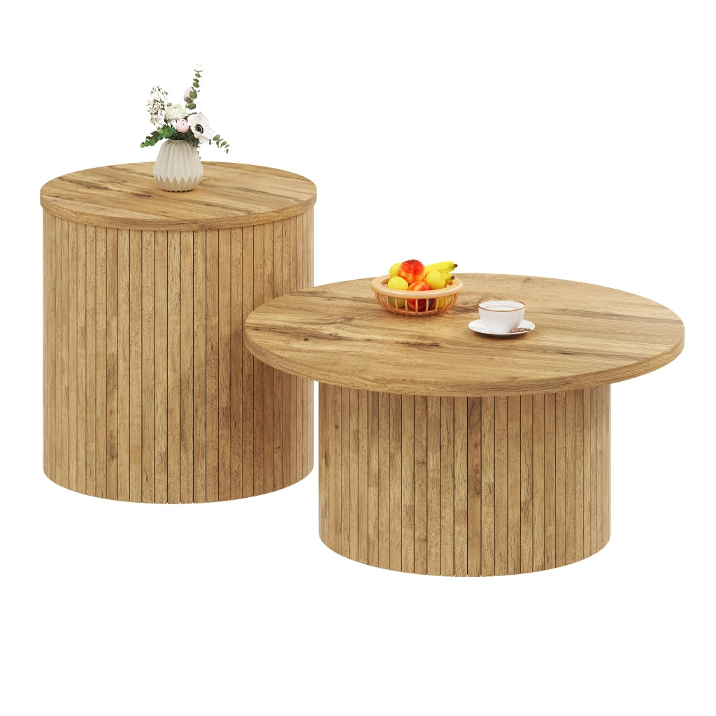 Tavolini bassi impilabili con 2 piani rotondi; design componibile per soggiorno; in MDF; 75 × 75 × 36 cm; Naturale