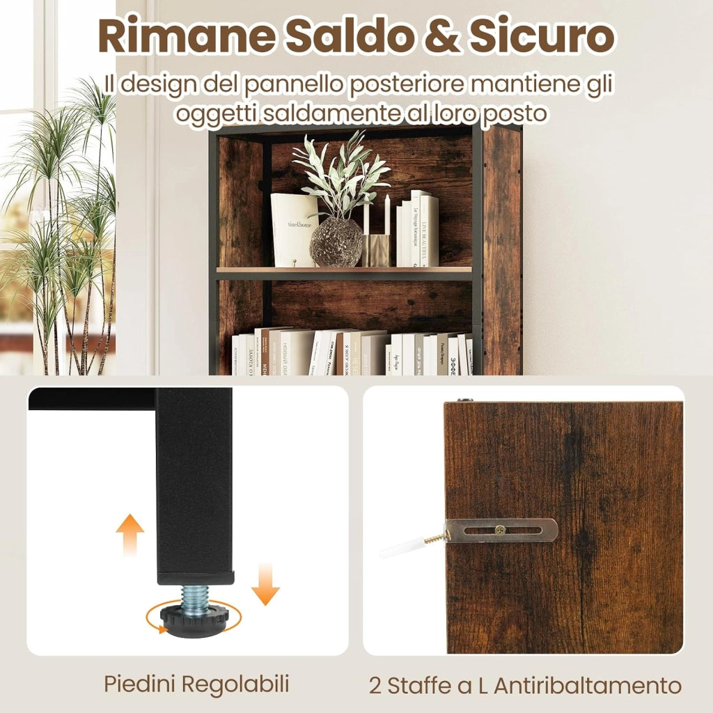 Libreria Scaffale a 3 Livelli, Mobile Alto con 4 Scomparti 1 Cassetto in Tessuto Pieghevole e 2 Dispositivi Antiribaltamento, per Studio e Ufficio, 68x30,5x151,5 cm (Marrone)
