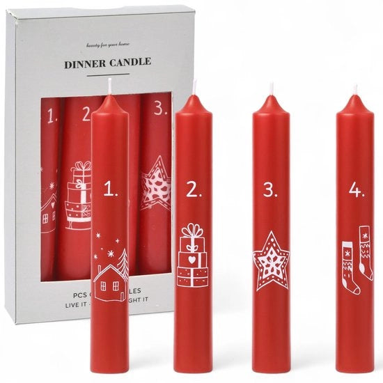 Set di candele per l'Avvento da 4 - Candele con numeri - Candele da tavolo per l'Avvento - Lunghezza 16 cm - Paraffina con disegno