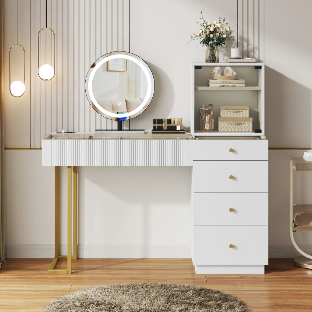Tavolo da toeletta con specchio LED; piano vetro temperato; 5 cassetti e 1 mobiletto; Bianco; B120×P40×H120cm