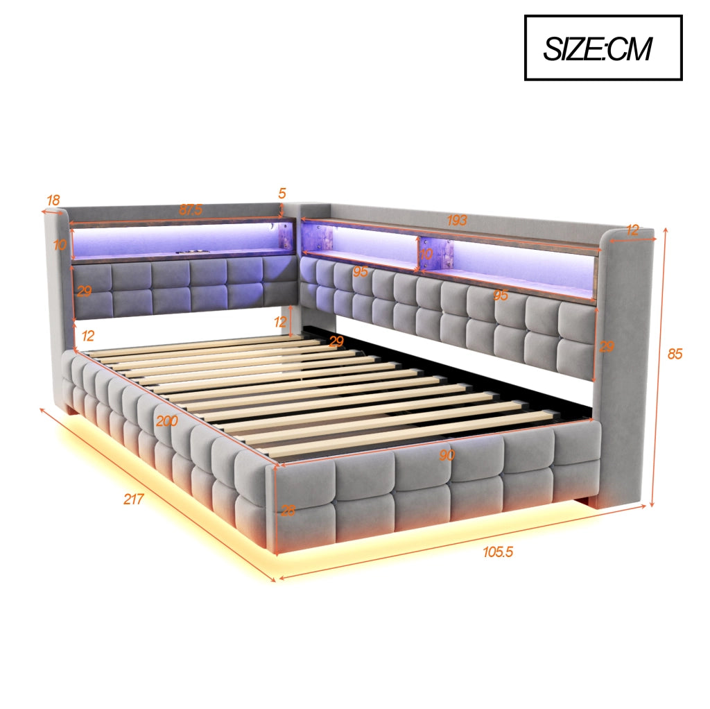 Divano letto imbottito 90x200 cm con LED e ricarica USB-C