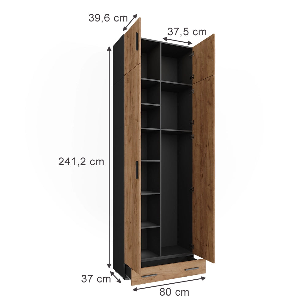 Vicco Armadio universale Antracite/quercia dorata 80 x 241.2 cm con piano superiore e modulo cassetto