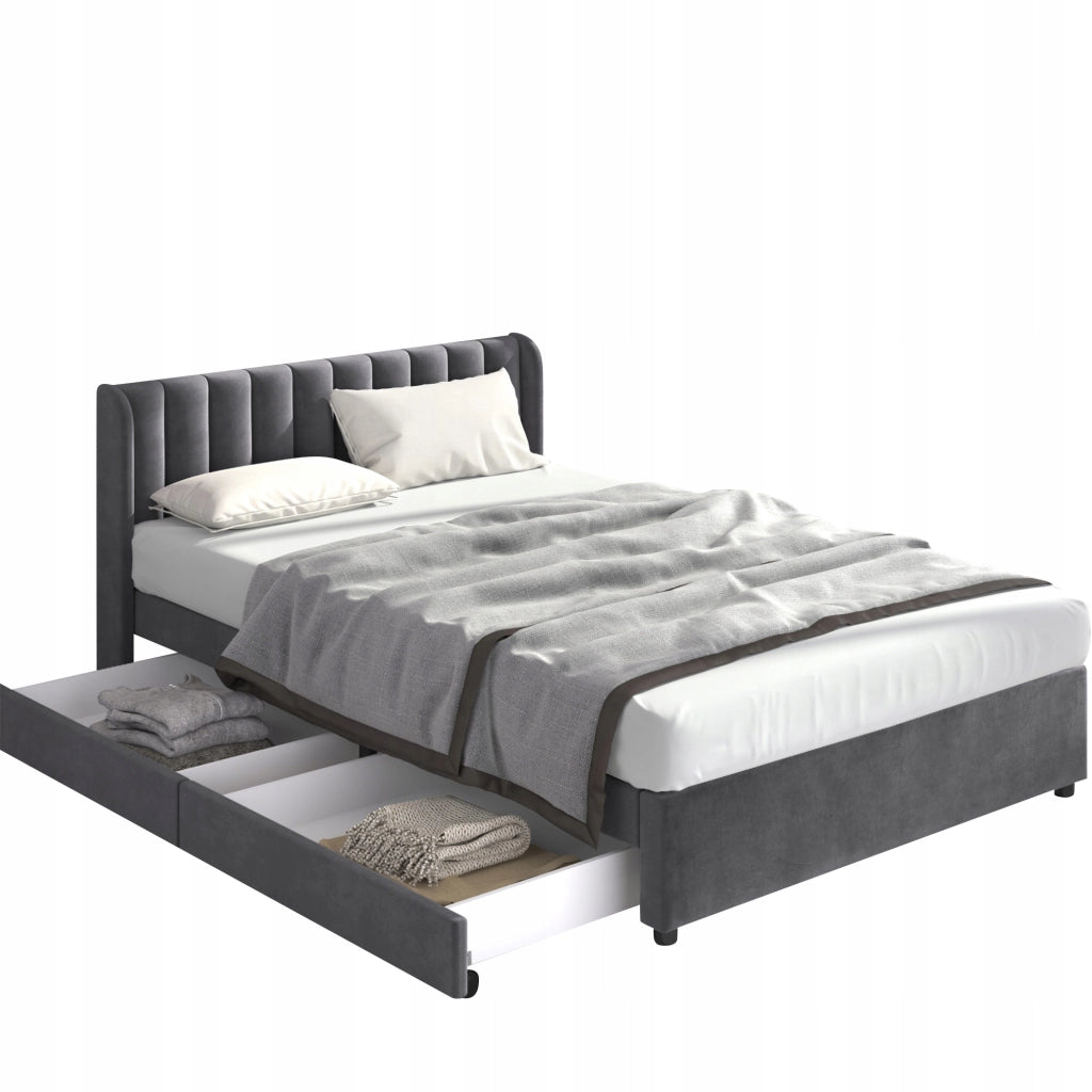 Letto 140x200cm - Xylo - Velluto, 2 cassetti, grigio
