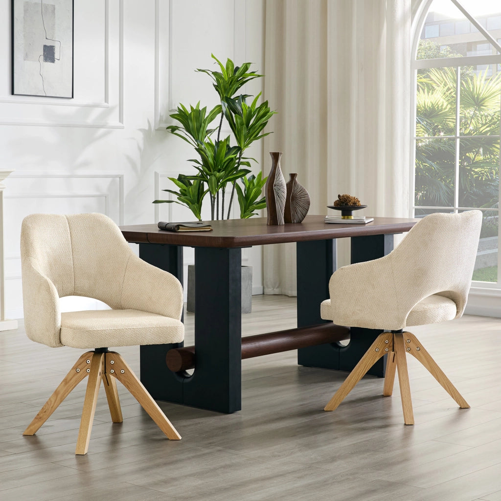 Set di 2 sedie girevoli da pranzo in tessuto strutturato beige-bianco con gambe in legno massello, rotazione 360° e portata fino a 120 kg