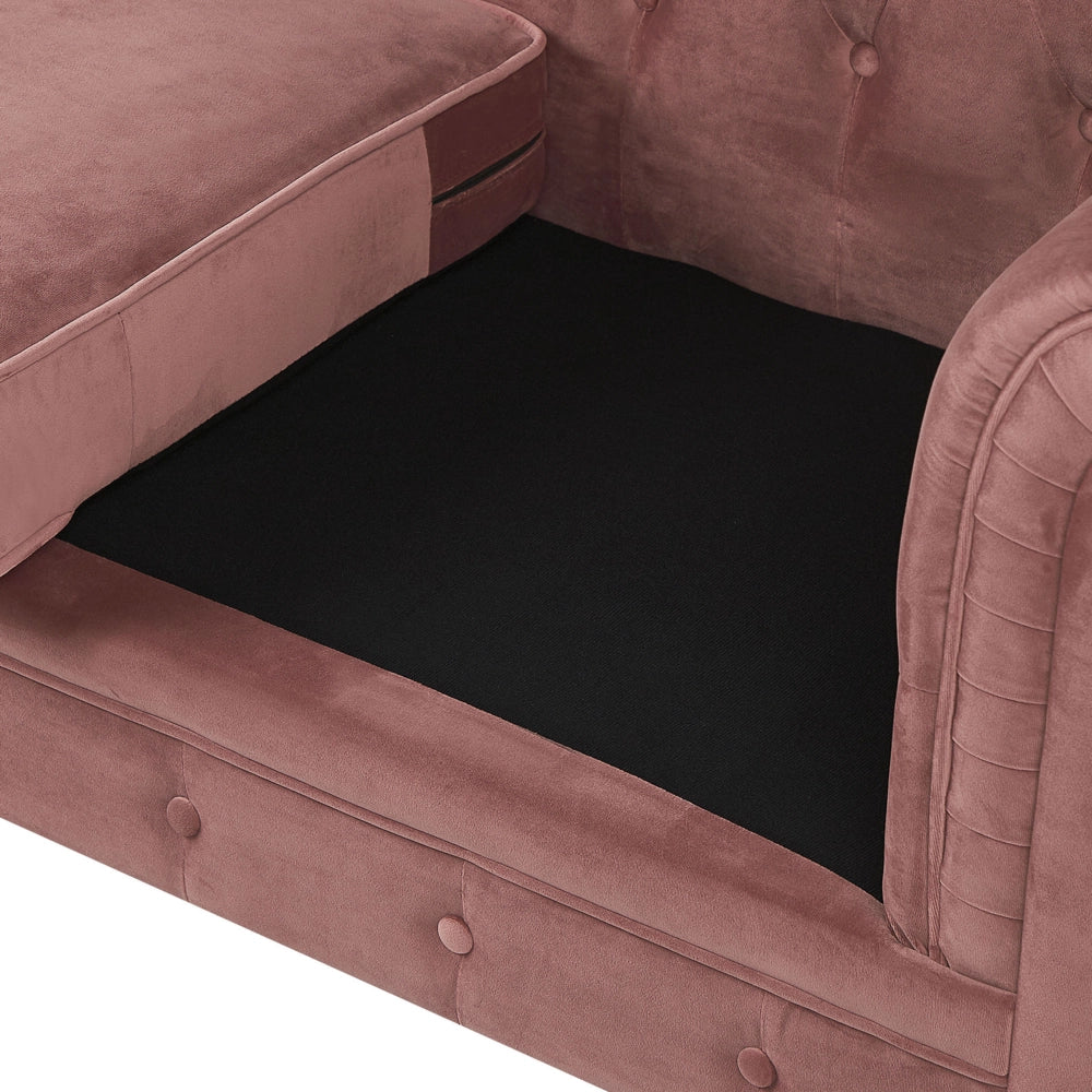 Set da soggiorno Chesterfield con rivestimento in velluto rosa e gambe nere divano a 3 posti + poltrona