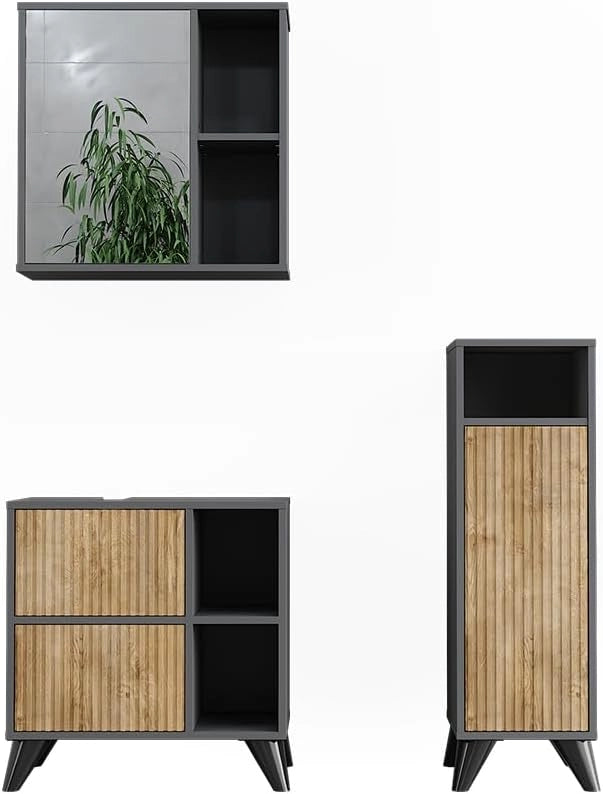 Set di mobili da bagno Leano, Antracite/quercia di montagna, 60 cm, composto da mobile lavabo, pensile a specchio, colonna e base media