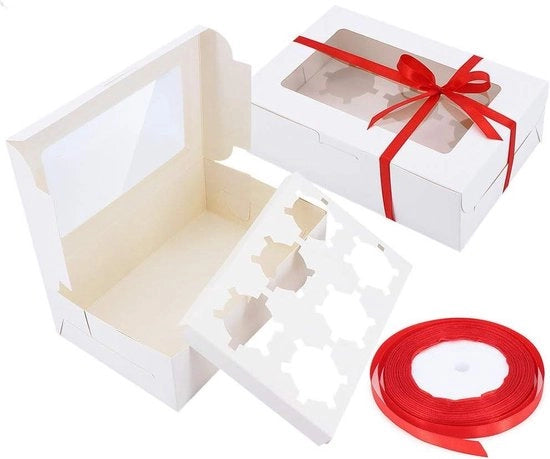 Scatola da Cupcake da 10 pezzi - Contenitori da Pasticceria Bianchi con Finestra - 4/6 Inserti Rimovibili - Muffin, Torta, Donut, Macarone