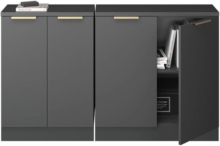Set di mobili sottotetto Rion, Antracite-oro, 140 cm Set di 2 carcasse armadio profondità 60 cm, adatto per il salvaspazio sotto tetti spioventi